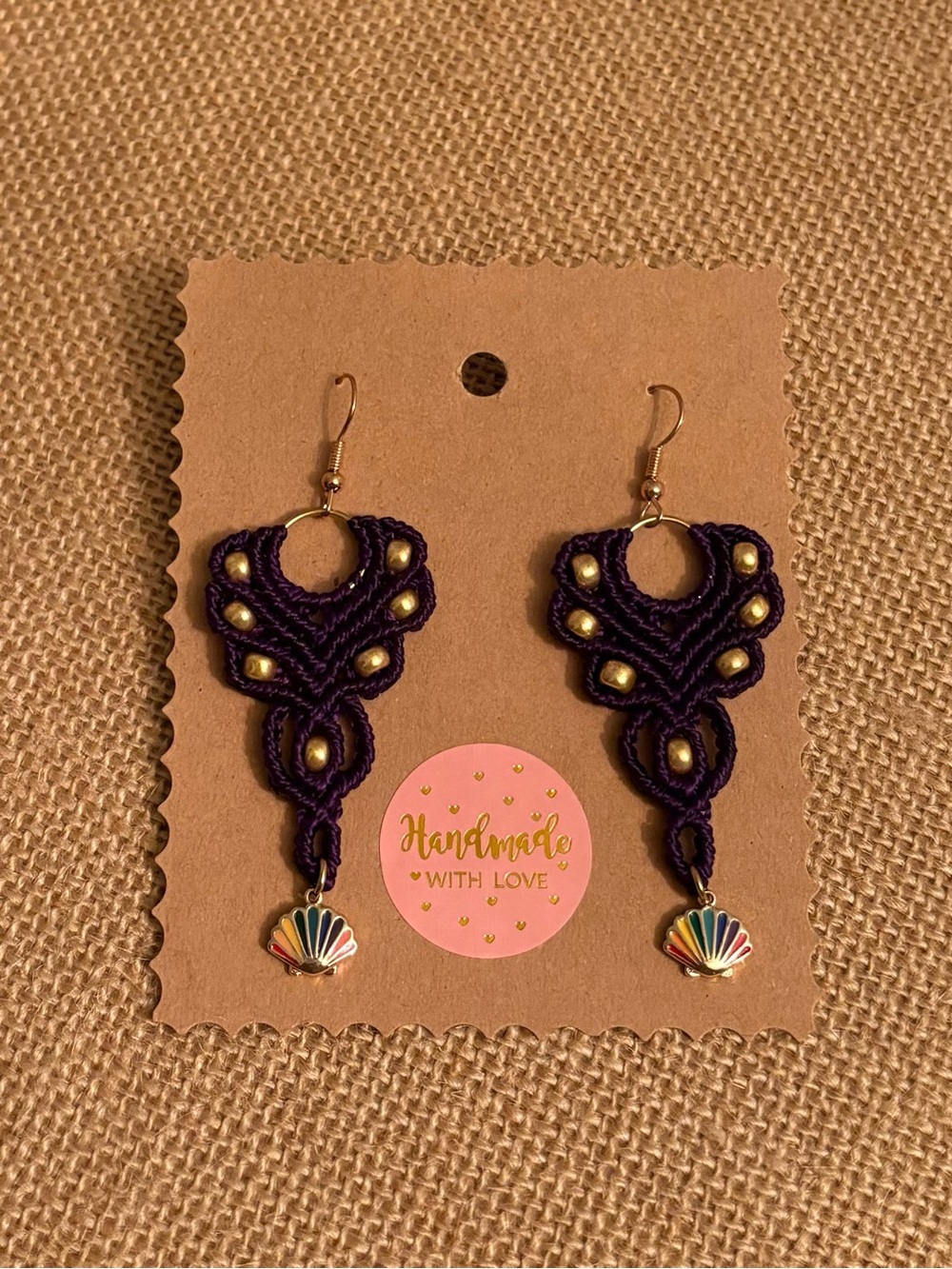 Handmade Purple Macramé Earrings with Gold Beads and Multicolor Shell Charms